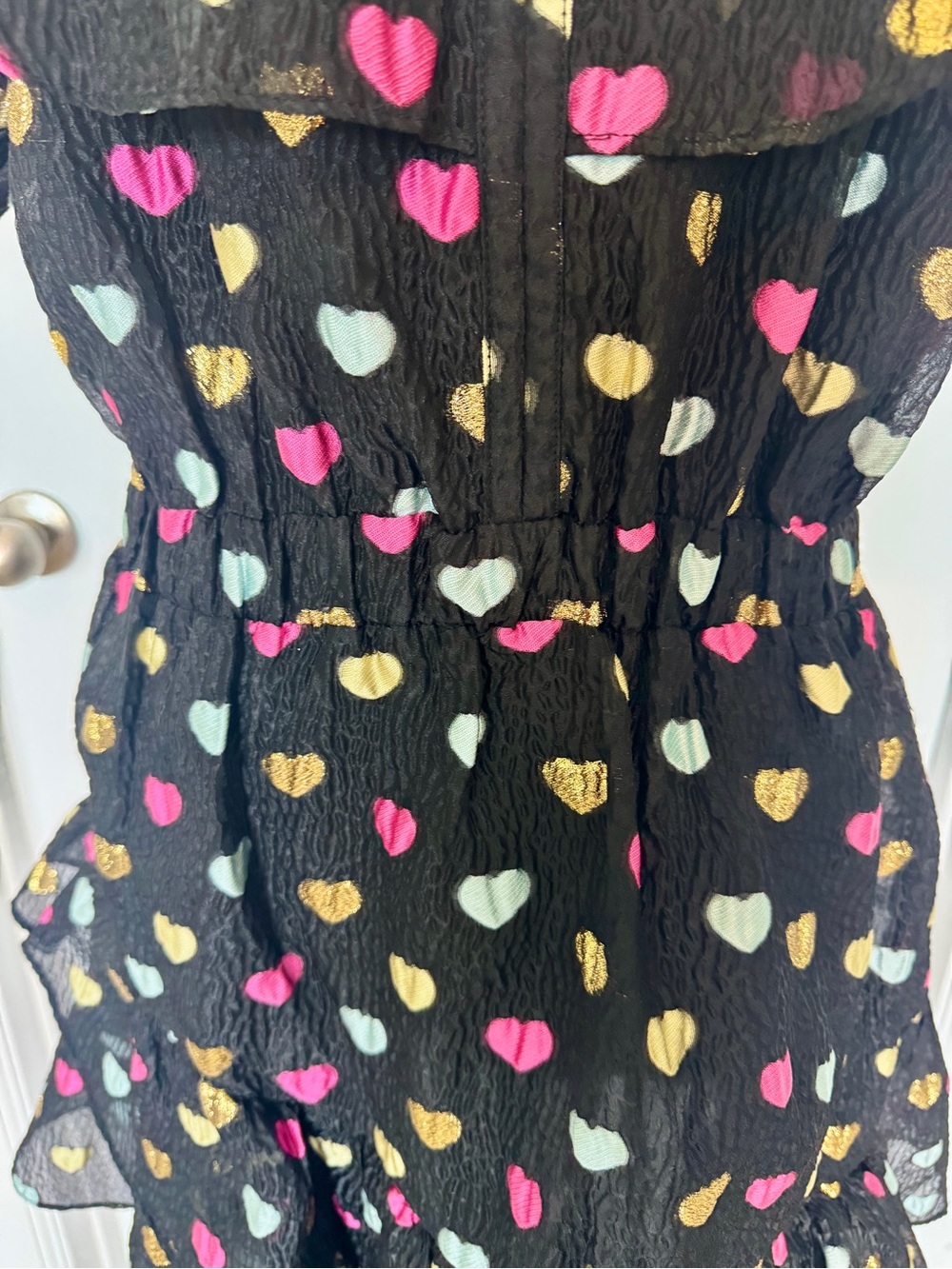 Women’s Buddy Love Black Heart Print Ruffle Dress with Gold Accent - Picture 4 of 9